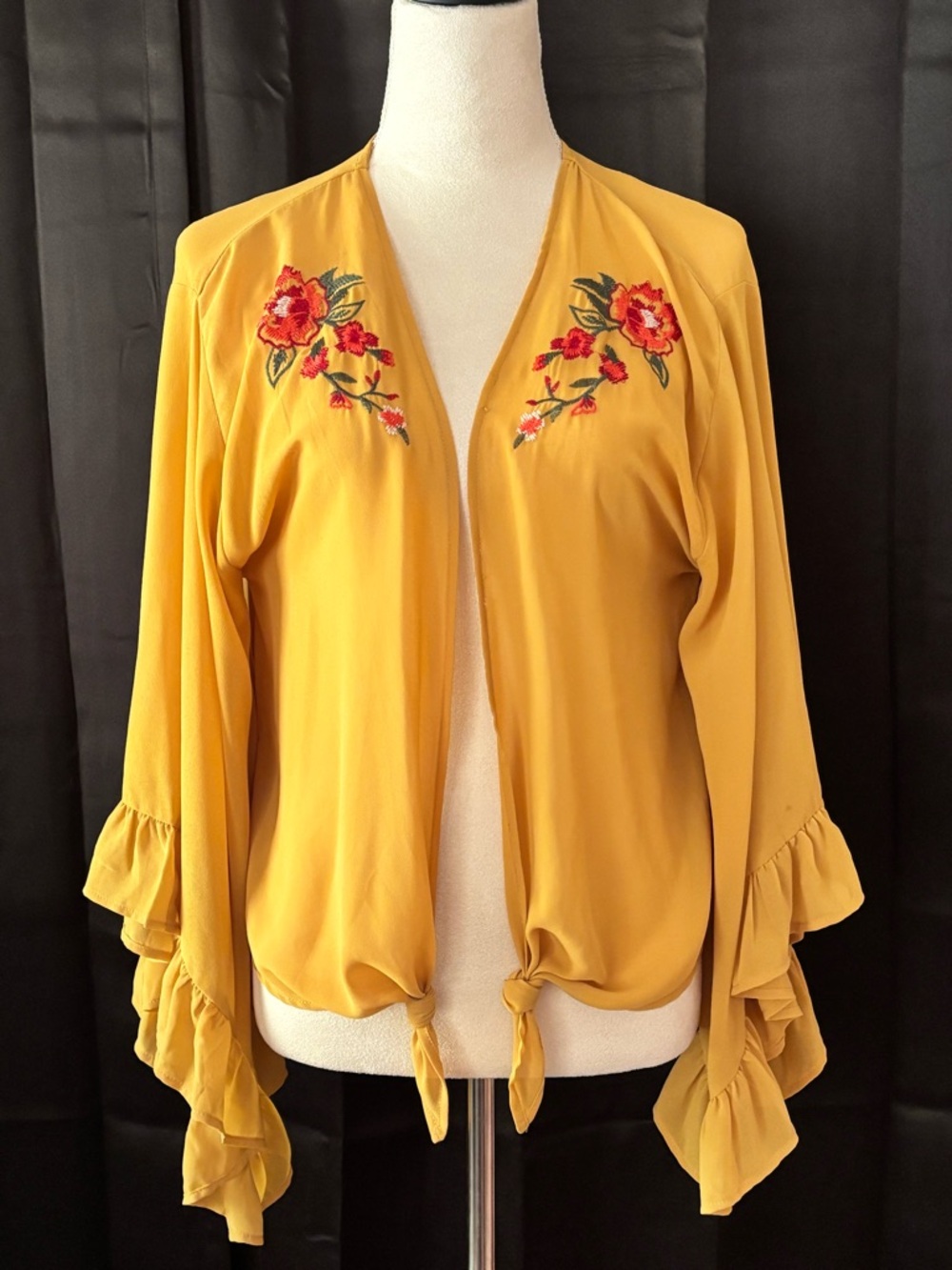 Flying Tomato Mustard Embroidered Floral Kimono Cardigan Boho Bell Sleeve Size L